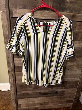 Worthington Black, White & Yellow Striped V-Neck Ruffle Sleeve Blouse